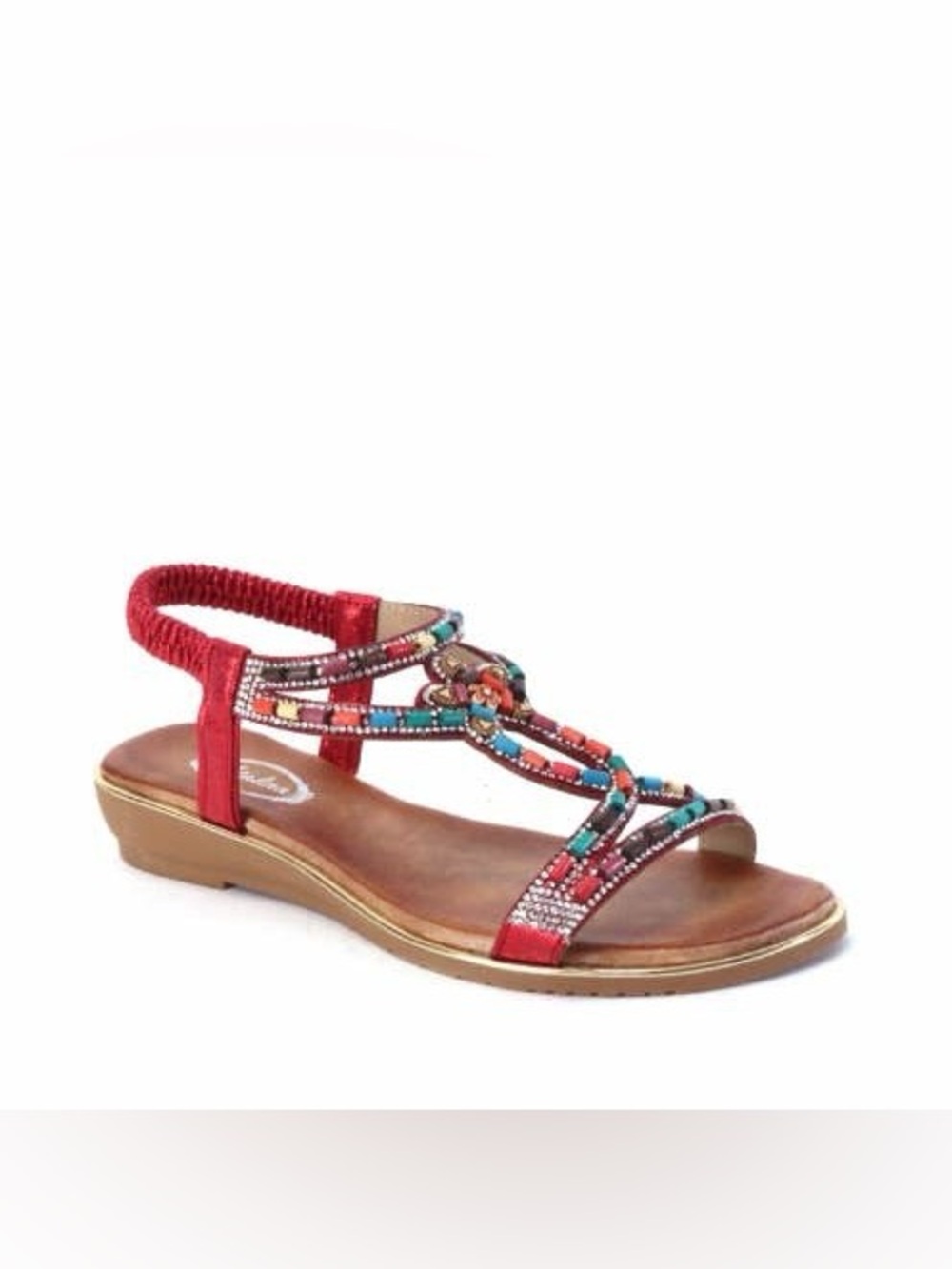 Italina Bohemian Red Beaded T-Strap Low Wedge Slingback Sandals